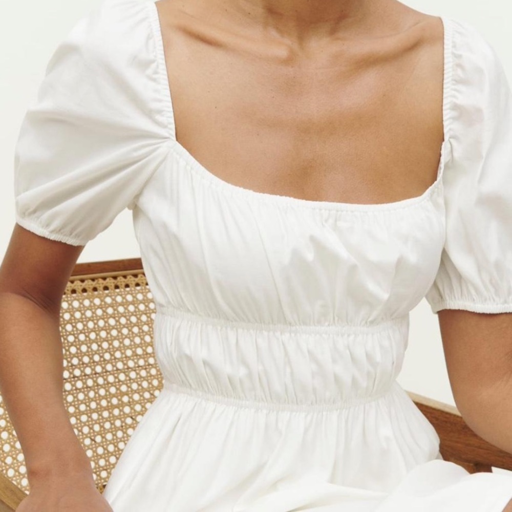 White reformation dress with pillow sleeves